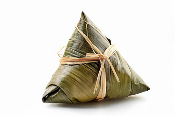 Sticky rice dumpling or Zongzi (Pyramid-shaped dumpling made by wrapping glutinious rice in bamboo leaves) for Chinese Boat dragon festival (5th Lunar month, Duanwu festival). Isolated on white