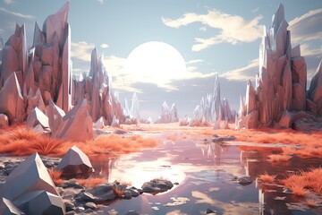 Low-poly alien landscape with calm water reflecting sun.