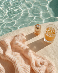 Golden Hour Coastal Vibes: Designer Towel, Sunscreen, and Refreshing Cocktail