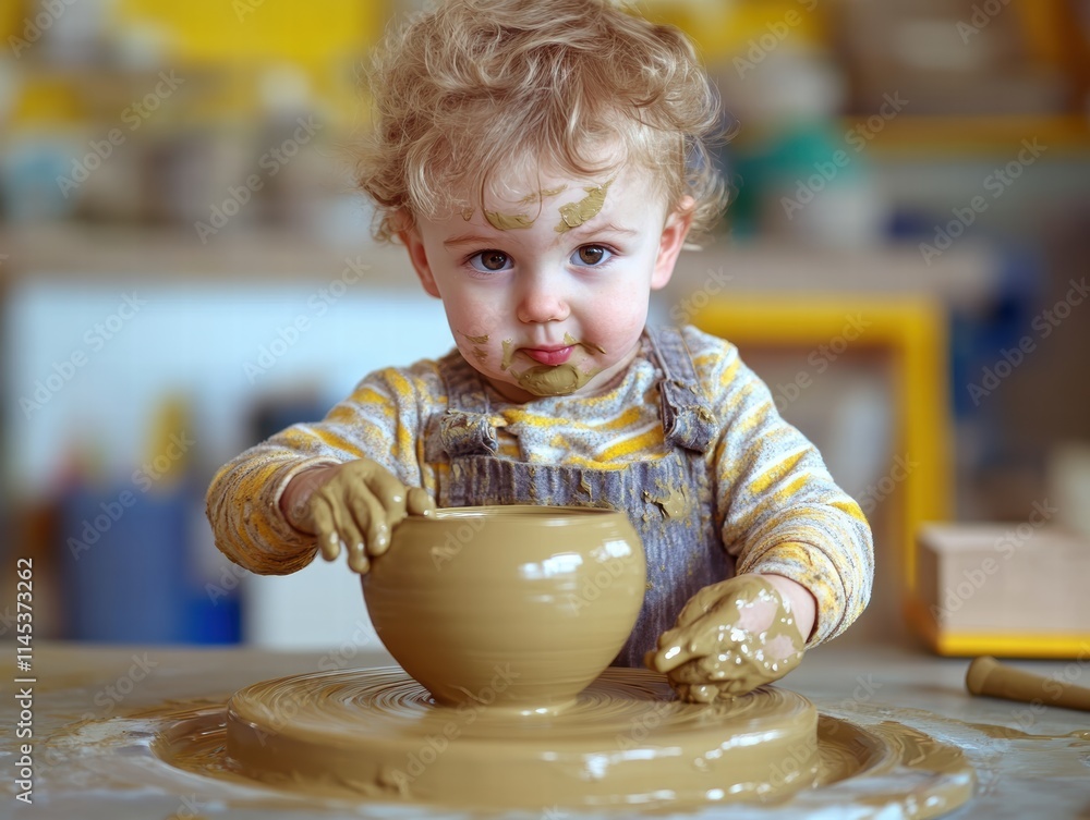 Poster child creating clay pot in art studio with playful expression