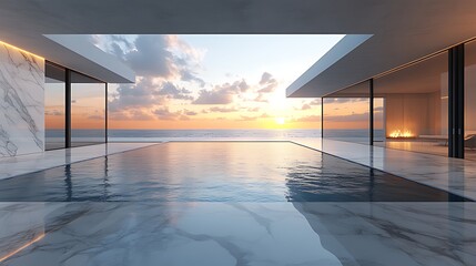 Fototapeta premium Modern luxury home with infinity pool overlooking ocean sunset.