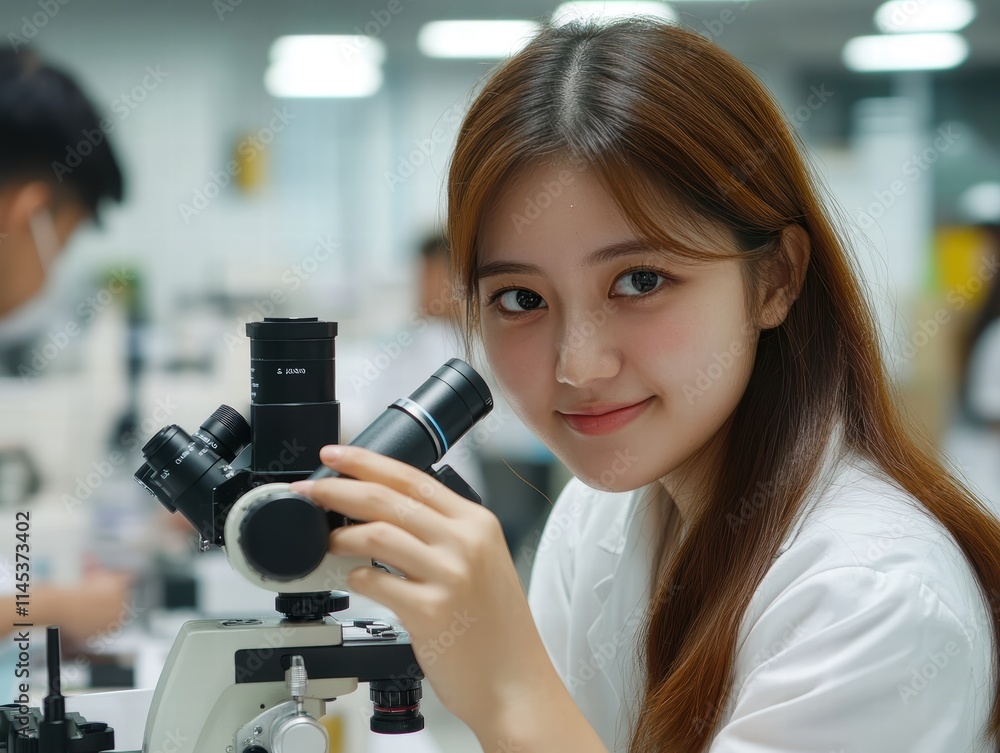 Poster woman scientist smiling while using microscope in laboratory setting