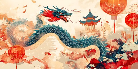 Majestic Dragon Soaring Past Asian Pagoda and Lanterns