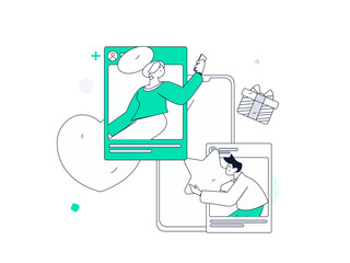 Virtual characters social communication concept business flat vector hand drawn illustration
