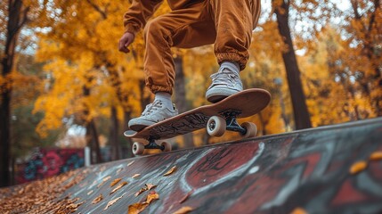 A skateboarder performing tricks in a park with vibrant autumn foliage.
