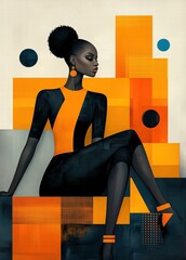 Stylish Portrait of a Woman in Bold Orange and Black Outfit Sitting Against a Geometric Abstract Background