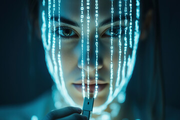 Woman's Face with Binary Code Overlay: A Futuristic Portrait of Technology, Data, and the Digital Age. Explore the Intersection of Humanity and Artificial Intelligence in this Striking Visual.