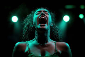 A powerful moment of raw emotion as a woman screams under dramatic teal lighting, surrounded by stage spotlights. The scene captures intensity, energy, and uninhibited expression.