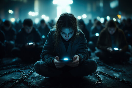A conceptual depiction of society's growing dependency on mobile phones and technology. A group of young people sits chained on the street, engrossed in their glowing devices, symbolizing addiction.