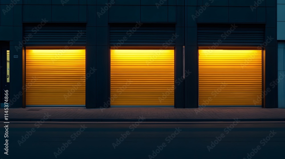 Poster a row of buildings with windows are lit up in the evening. the buildings are tall and have a modern 