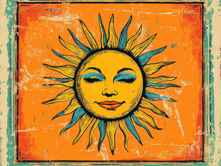 Pop Art Cartoon Style Sun Game Card Illustration with Orange Background