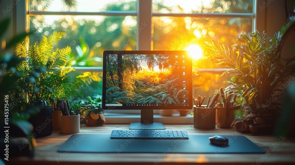 Poster sunset view through window illuminates home office workspace with desktop computer, keyboard, mouse,