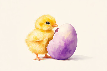 Obraz premium Cute yellow chick hatching from pastel Easter egg in watercolor