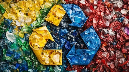Recycling symbol formed with colorful plastic pieces.