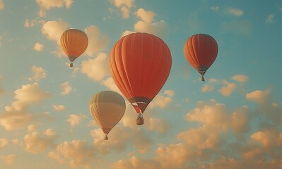 Fototapeta premium Four hot air balloons drift peacefully across a pastel sky, creating a serene and picturesque scene.