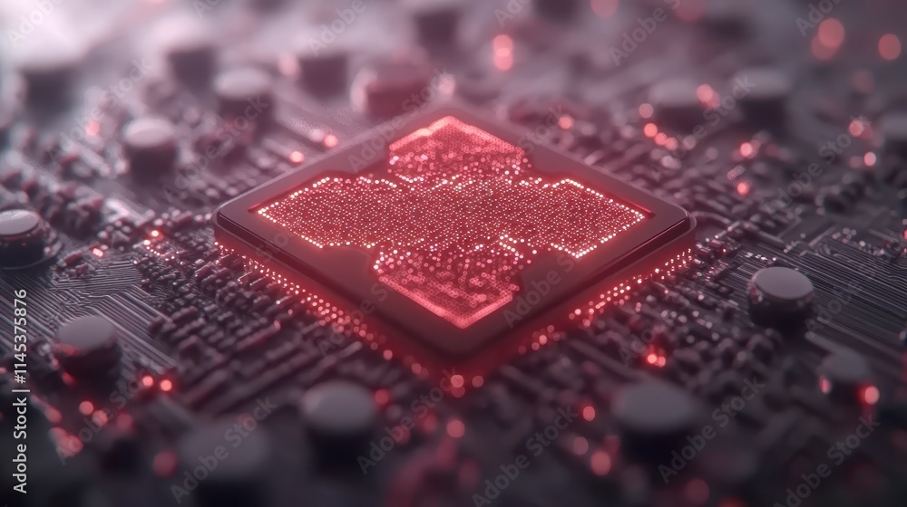 Poster a glowing red microchip sits on a dark, textured circuit board, showcasing intricate patterns and mo