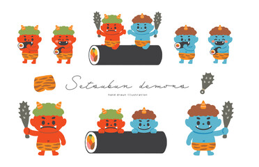 節分の赤鬼と青鬼のかわいいイラストセット