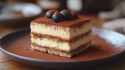 A slice of creamy tiramisu dessert topped with cocoa and berries on a plate.