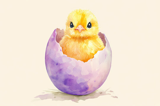 recommend clip art: Cute yellow chick hatching from pastel Easter egg in watercolor