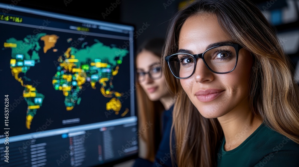 Poster a professional woman smiles in front of a world map on a computer screen, showcasing data analysis a