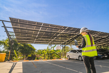 Engineer inspecting solar panels under a solar-powered carport on a sunny day, ensuring optimal...