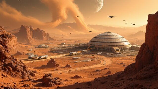 A surreal landscape on another planet, showcasing imaginative scenery and adventure, perfect for science fiction and fantasy themes.
