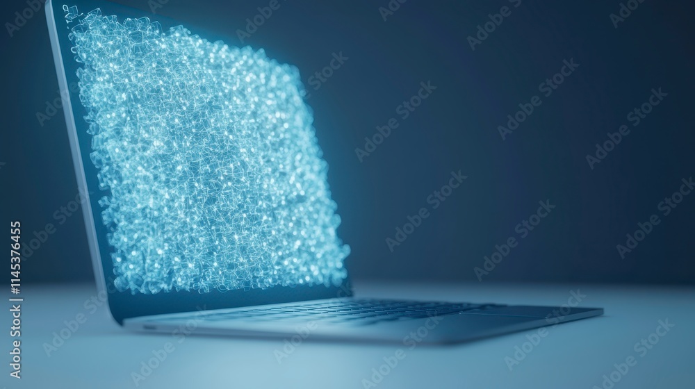 Poster a laptop emits a vibrant, glowing digital pattern, creating a futuristic and abstract visual effect 