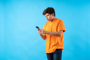 Young person expressing various emotions and body pains, pointing, using a cellphone, with colored...