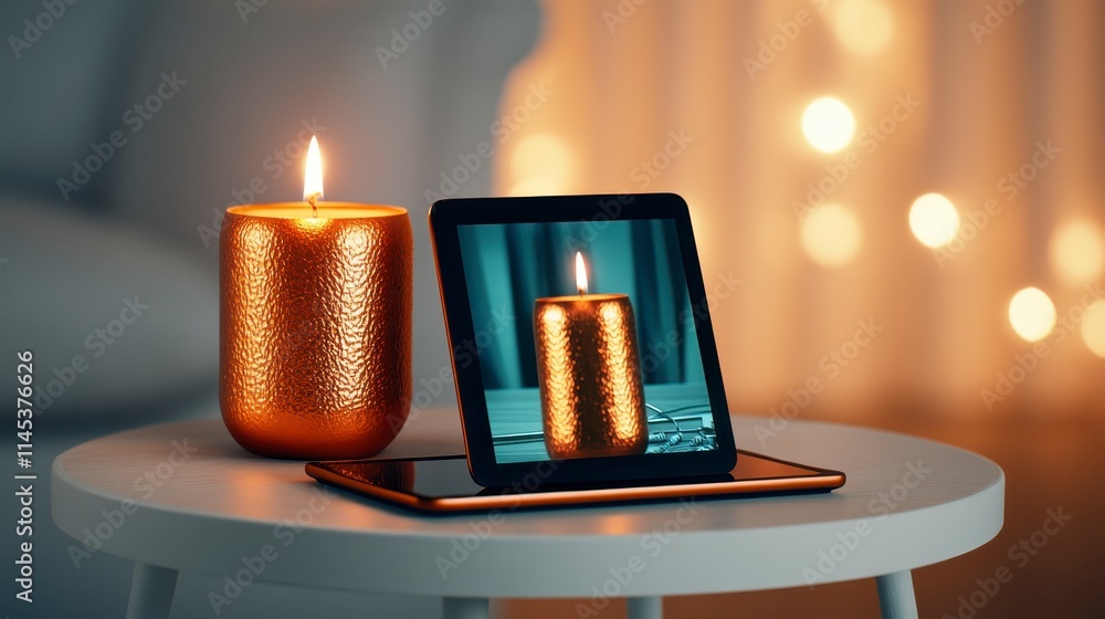Poster a softly lit scene featuring a glowing candle next to a tablet displaying a similar candle, creating