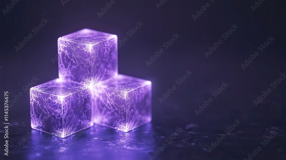 Poster three glowing purple ice cubes are stacked in a dark setting, creating a striking visual contrast an