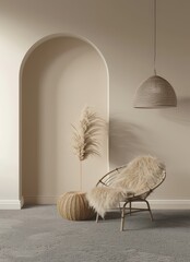A cozy living room with a wicker chair. a furry throw. a pampas grass. and a hanging light fixture