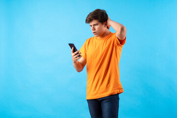 Young person expressing various emotions and body pains, pointing, using a cellphone, with colored...