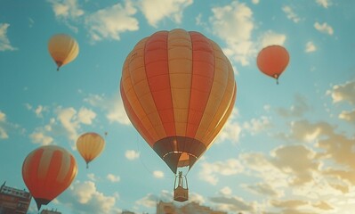 Fototapeta premium Colorful hot air balloons float gracefully against a vibrant, sunny sky. A breathtaking sight of serenity and adventure.