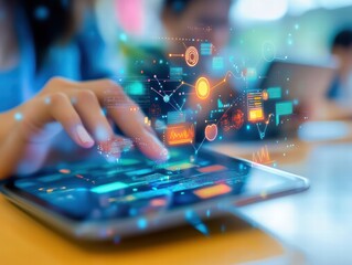 Hand Using Tablet with Digital Interface and Data Visualization Elements