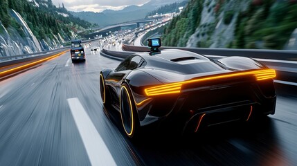 Naklejka premium A sleek, modern sports car speeds down a highway, showcasing dynamic design and vibrant lighting against a scenic mountainous backdrop.