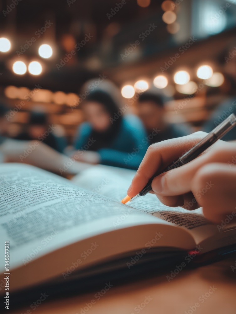 Poster hand with pen annotating open book in cozy library setting