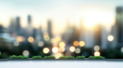A blurred cityscape at sunset, featuring greenery in the foreground, creating a serene and vibrant atmosphere.