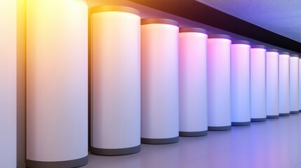 Fototapeta premium A series of illuminated white columns aligned in a modern, minimalist space, showcasing sleek design and ambient lighting.