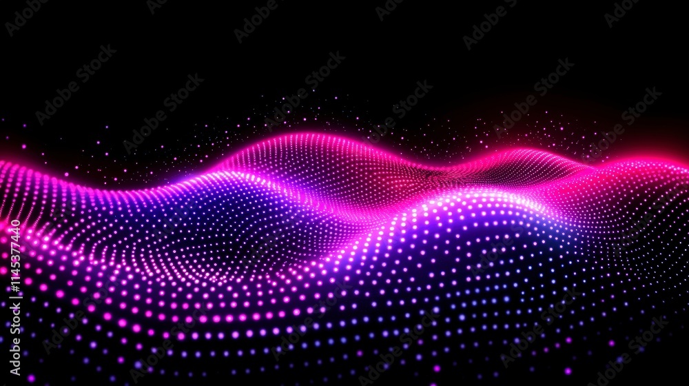 Poster a vibrant abstract background featuring flowing waves of glowing particles in pink and purple hues c