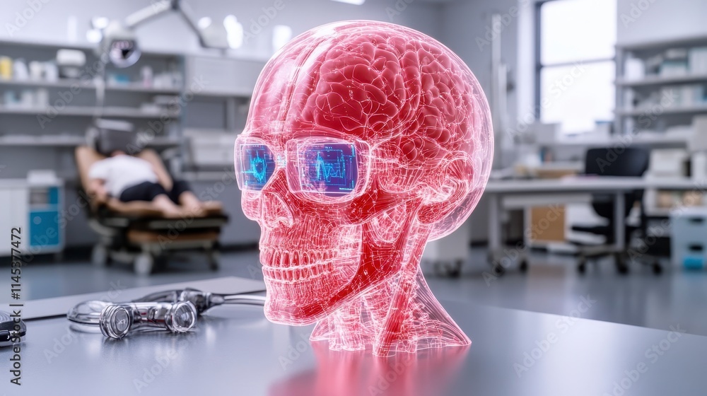Poster a futuristic, glowing skull model with glasses is displayed on a lab table, hinting at advanced tech
