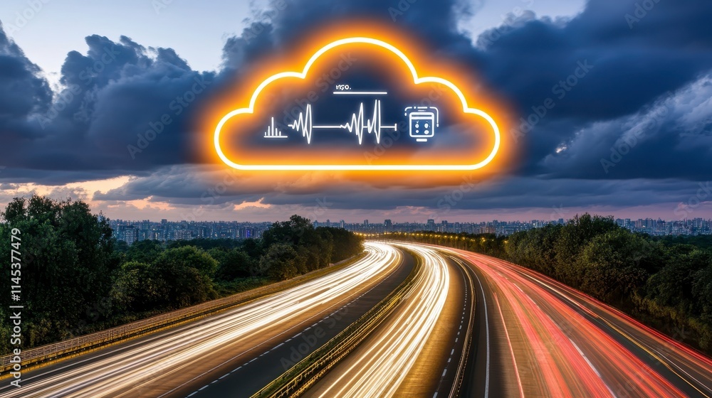 Poster a cloud symbol with data icons hovers over a highway, symbolizing the intersection of technology and