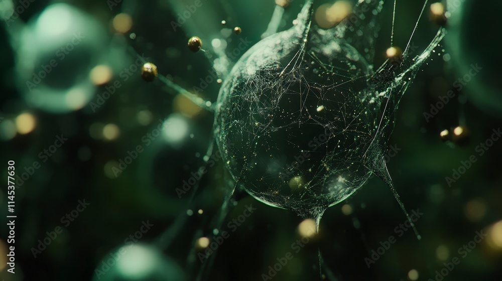 Poster a mesmerizing close-up of a delicate web-like structure encasing a translucent sphere. tiny golden p
