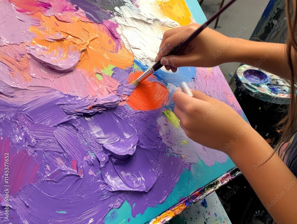 Poster hands of child creating abstract art with bright paints on canvas