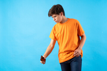 Young person expressing various emotions and body pains, pointing, using a cellphone, with colored...