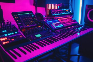 Music Production Studio with Synth Keyboard and Mixer