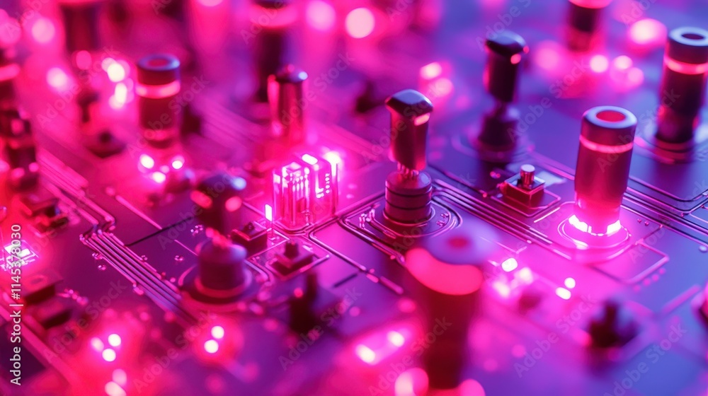 Poster close-up of a vibrant circuit board bathed in pink and purple light. numerous components and intrica