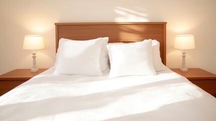 A cozy, inviting bedroom featuring a neatly made bed with white pillows and soft lighting from bedside lamps.