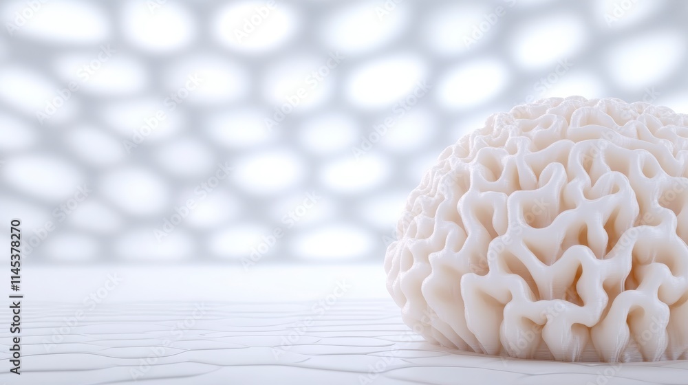 Poster a close-up view of a brain-like structure set against a soft, patterned background, conveying themes