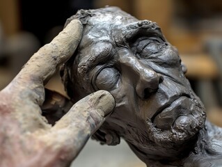 Naklejka premium Artistry in Clay: Sculptor Working on Detailed Portrait Head