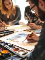 Group of Artists Engaged in Creative Watercolor Painting Workshop